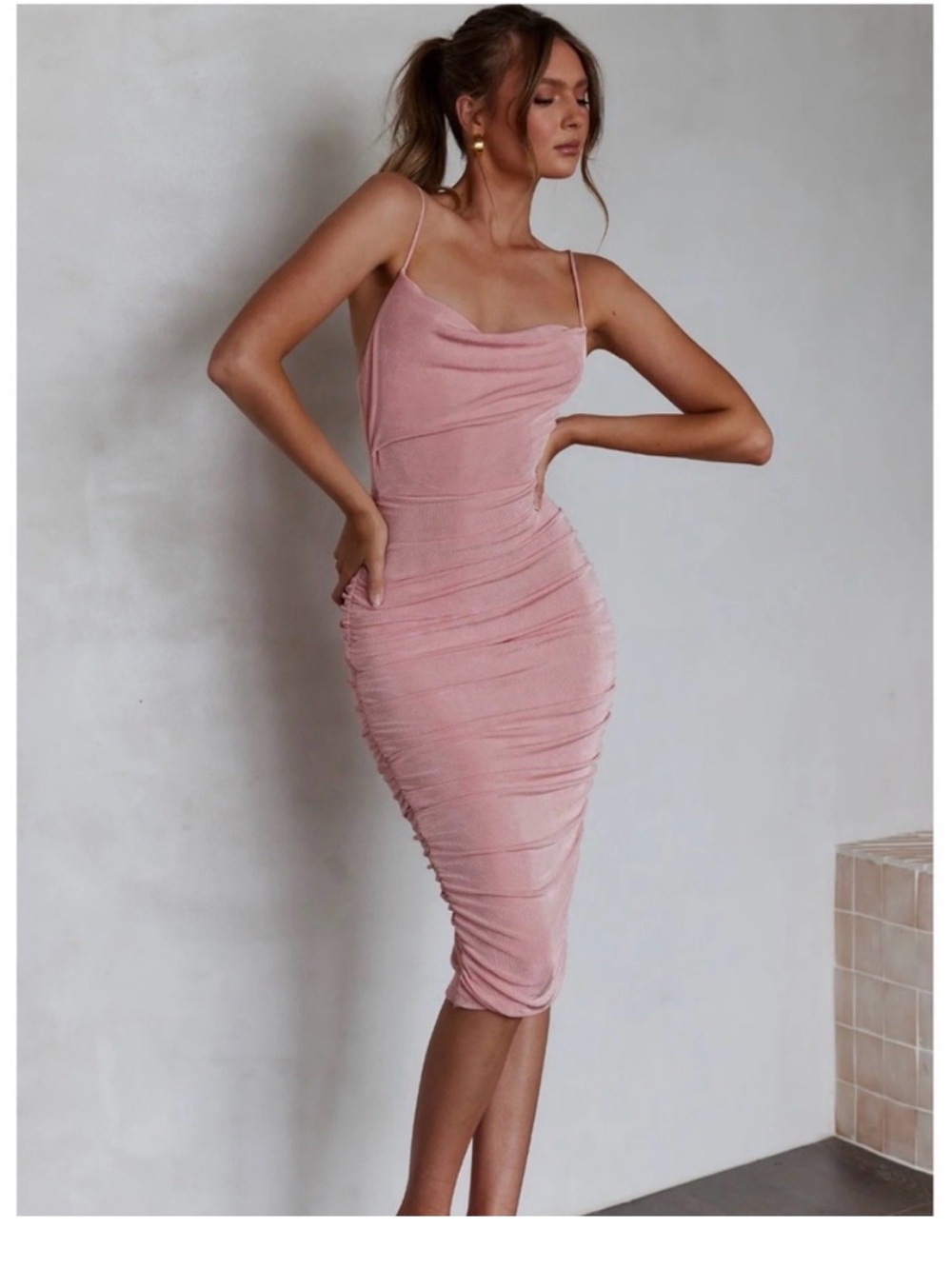 Selfie Leslie Dusty Pink Ruched Slip Midi Dress